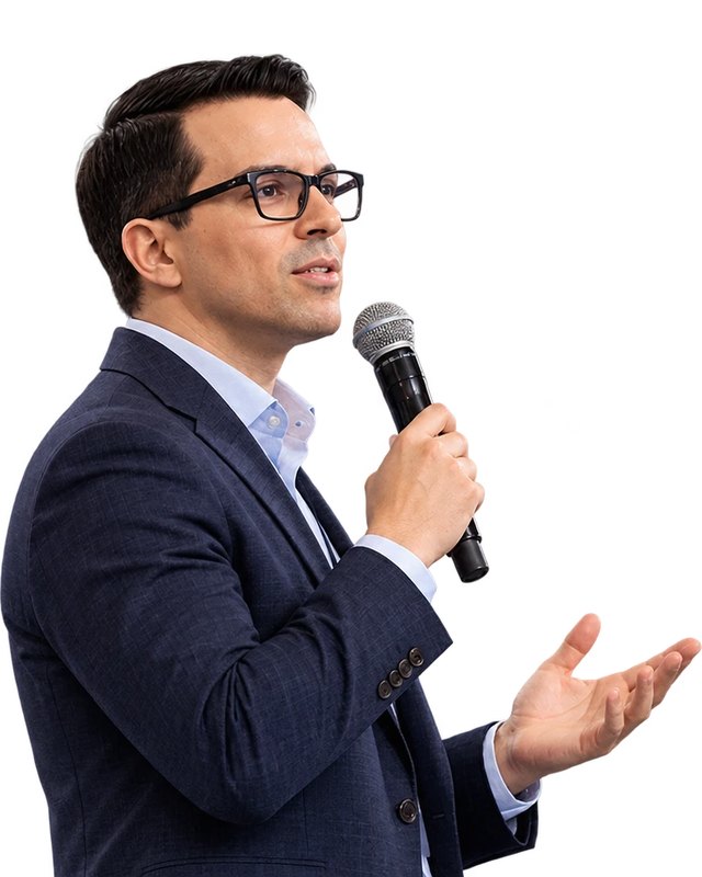 Jorge Silva with a microphone giving a talk